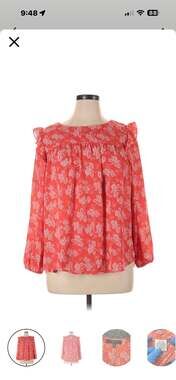 Eclair Women's Red Floral Print Long Sleeve Ruffle Shoulder Blouse, Size XL